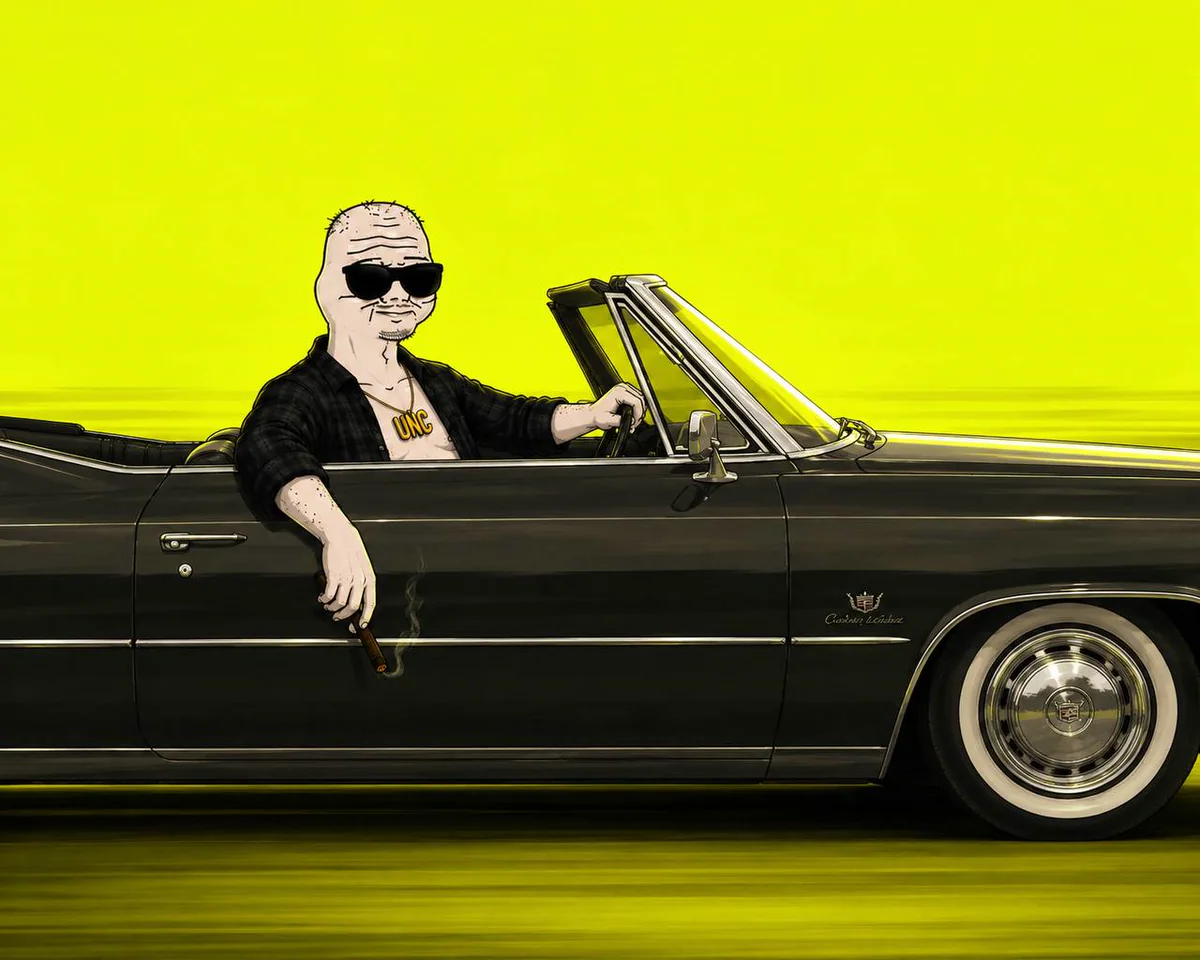 UNC character driving a black classic convertible against a vivid yellow background