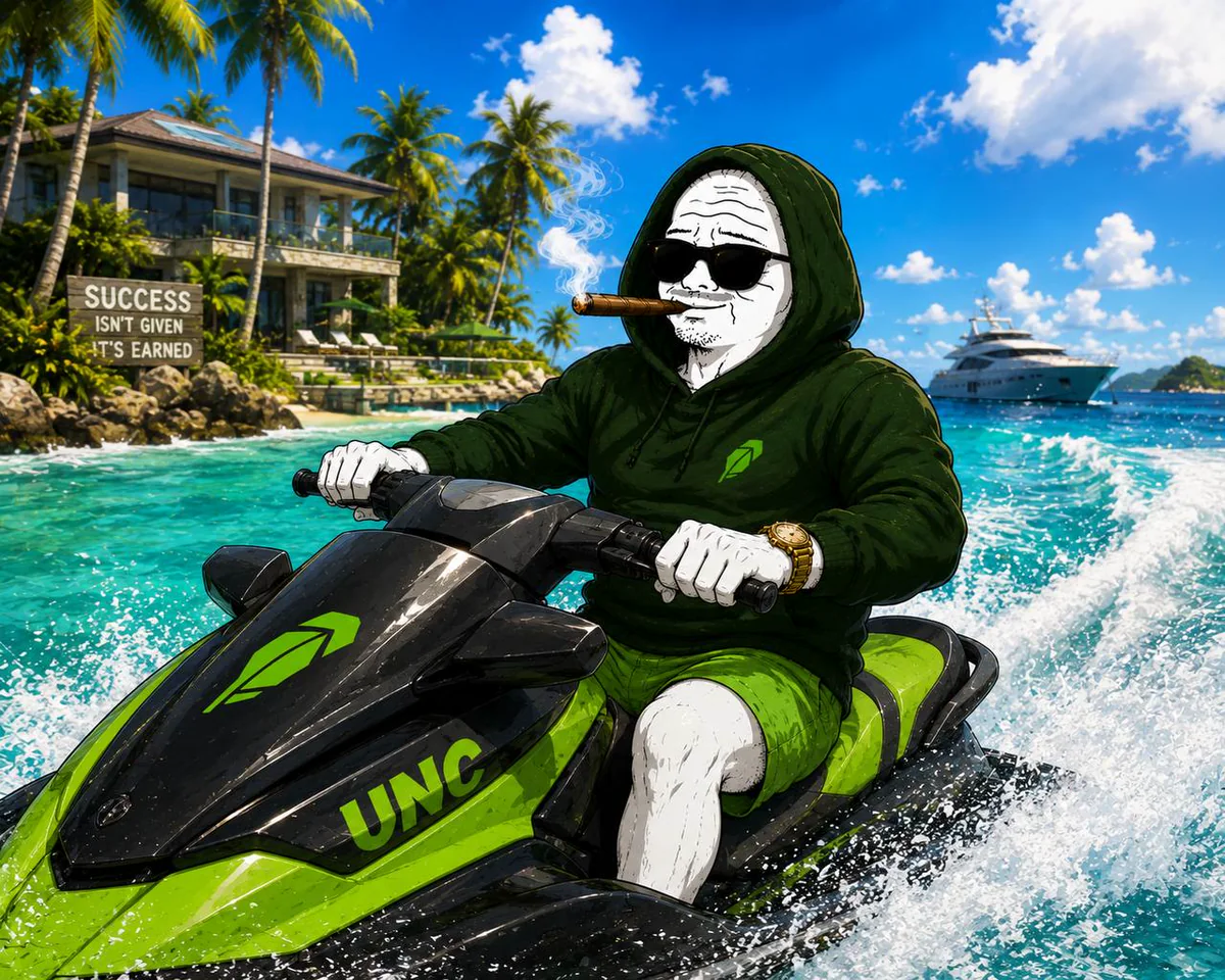 UNC character riding a green and black jet ski near a tropical island