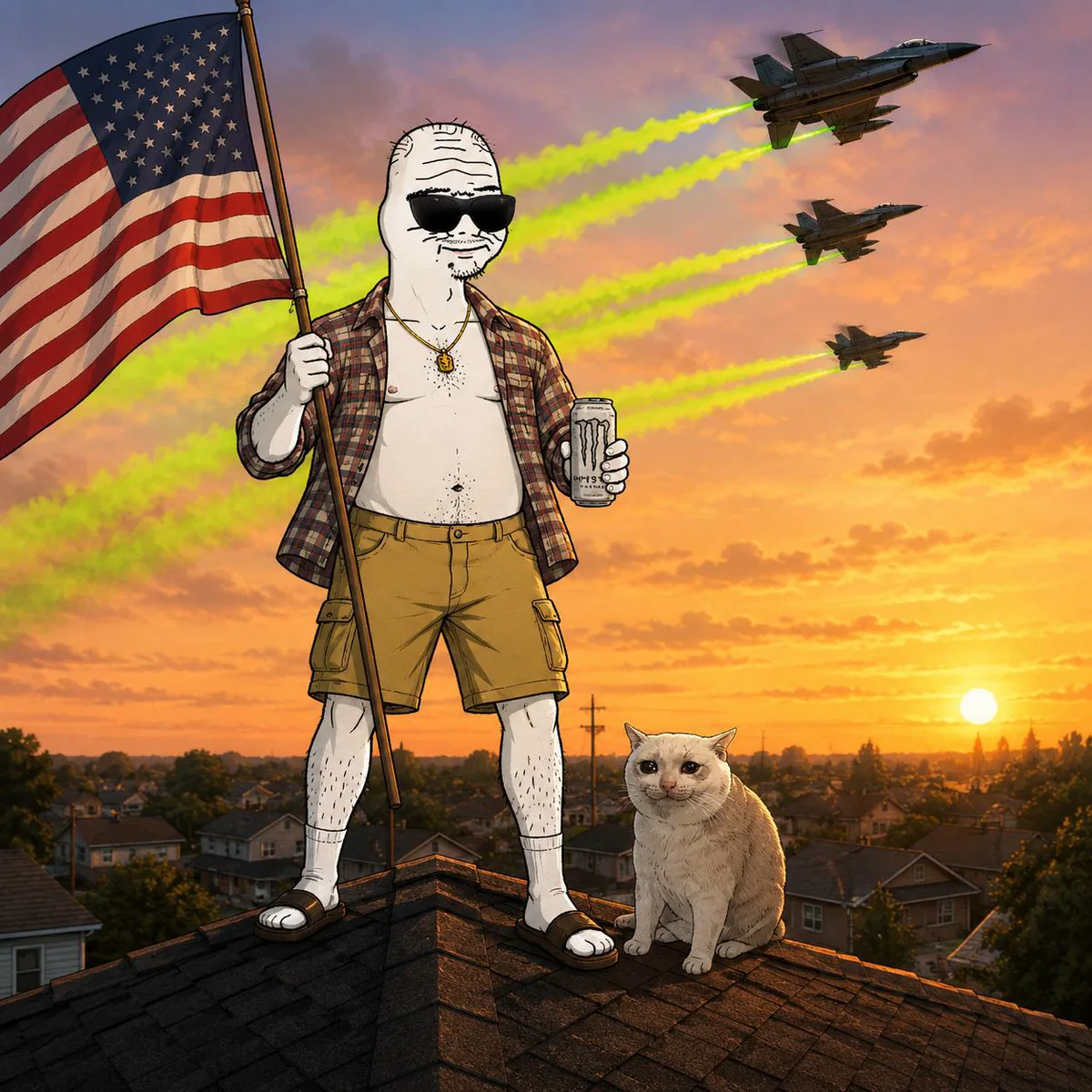 UNC character holding an American flag on a rooftop at sunset with jets overhead